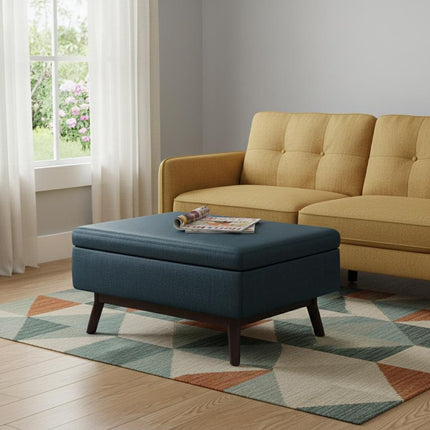34" Blue and Brown Leather Cocktail Ottoman With Storage