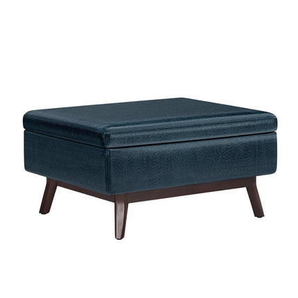 34" Blue and Brown Leather Cocktail Ottoman With Storage