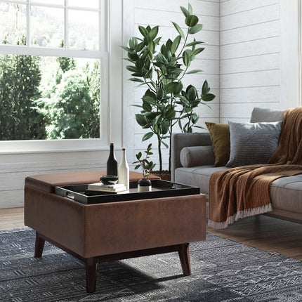 34" Brown Leather Cocktail Ottoman With Storage