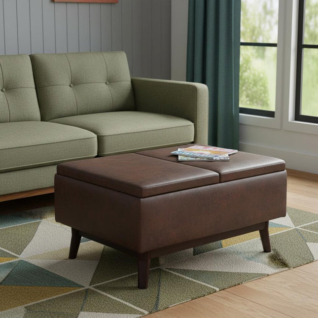 34" Brown Leather Cocktail Ottoman With Storage