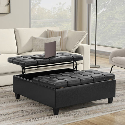 40" Black Leather Cocktail Ottoman With Storage