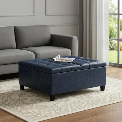 36" Blue and Espresso Leather Cocktail Ottoman With Storage