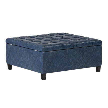 36" Blue and Espresso Leather Cocktail Ottoman With Storage