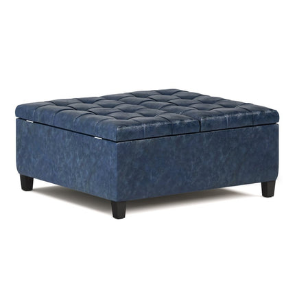 36" Blue and Espresso Leather Cocktail Ottoman With Storage