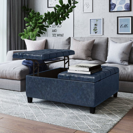 36" Blue and Espresso Leather Cocktail Ottoman With Storage