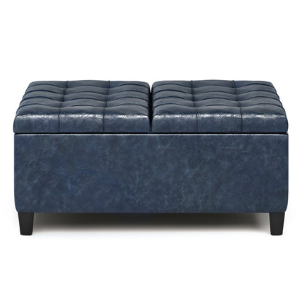 36" Blue and Espresso Leather Cocktail Ottoman With Storage