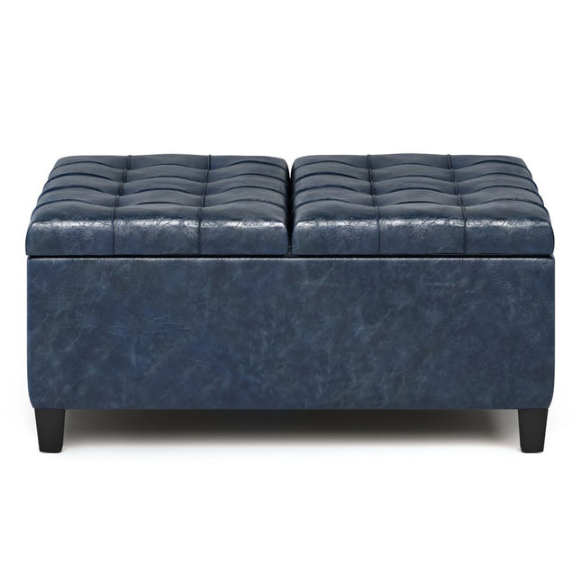 36" Blue and Espresso Leather Cocktail Ottoman With Storage