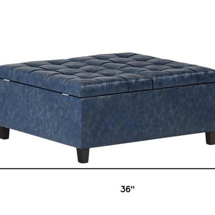 36" Blue and Espresso Leather Cocktail Ottoman With Storage
