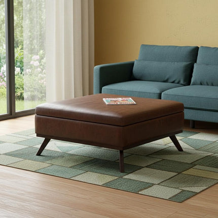 36" Brown Leather Cocktail Ottoman With Storage