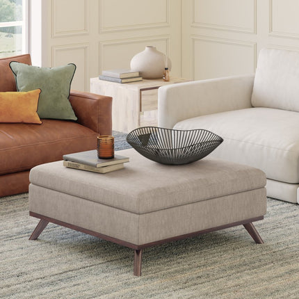 36" Natural and Brown Fabric Cocktail Ottoman With Storage