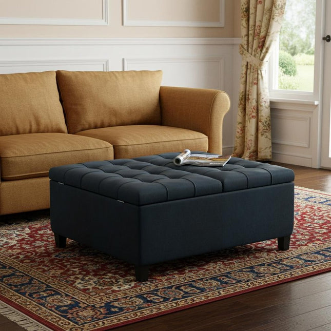 36" Blue and Espresso Leather Cocktail Ottoman With Storage