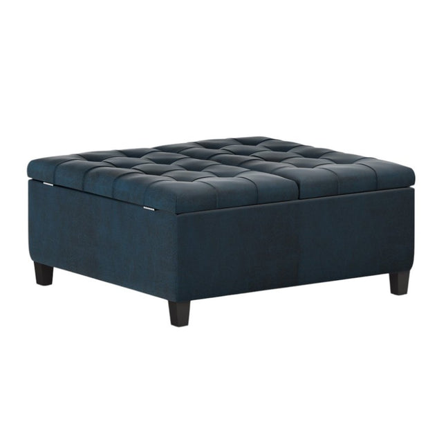36" Blue and Espresso Leather Cocktail Ottoman With Storage