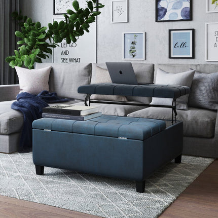 36" Blue and Espresso Leather Cocktail Ottoman With Storage