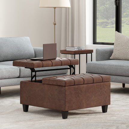 30" Brown Leather Cocktail Ottoman With Storage