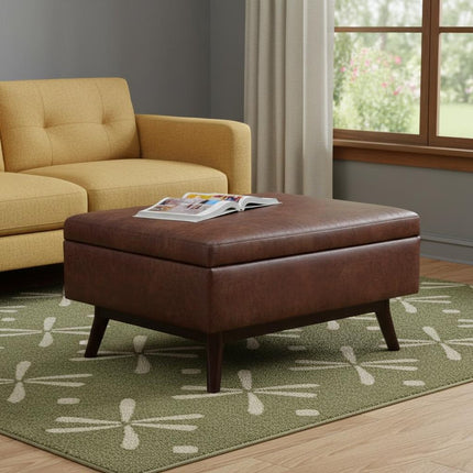 34" Brown Leather Cocktail Ottoman With Storage