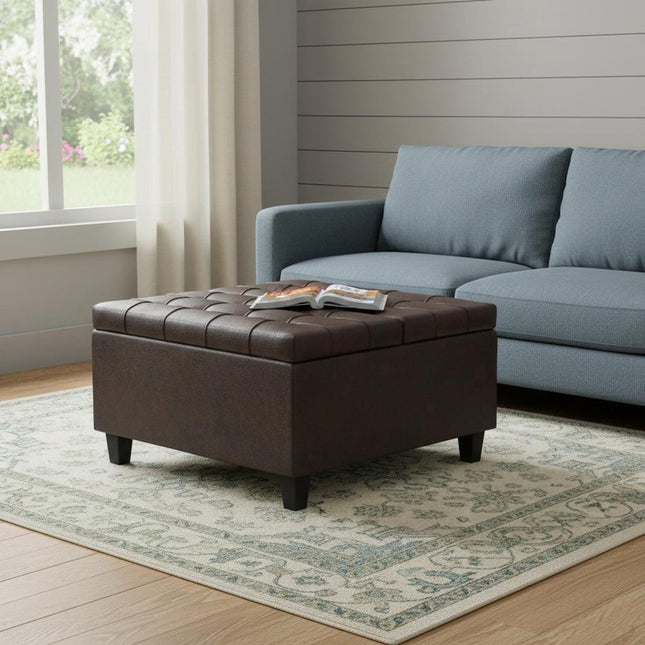30" Brown Leather Cocktail Ottoman With Storage
