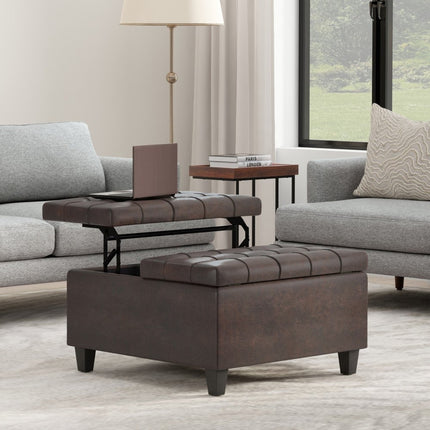 30" Brown Leather Cocktail Ottoman With Storage
