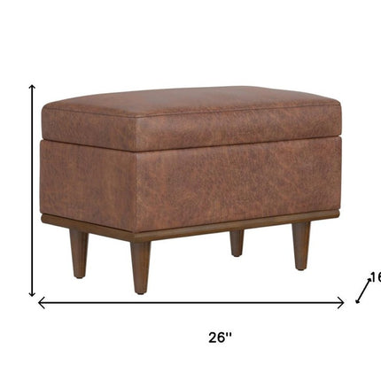 26" Brown and Walnut Leather Cocktail Ottoman With Storage