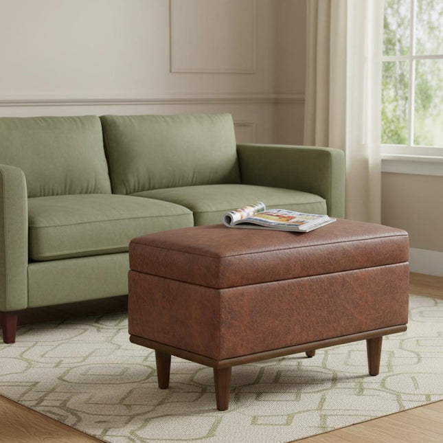 26" Brown and Walnut Leather Cocktail Ottoman With Storage
