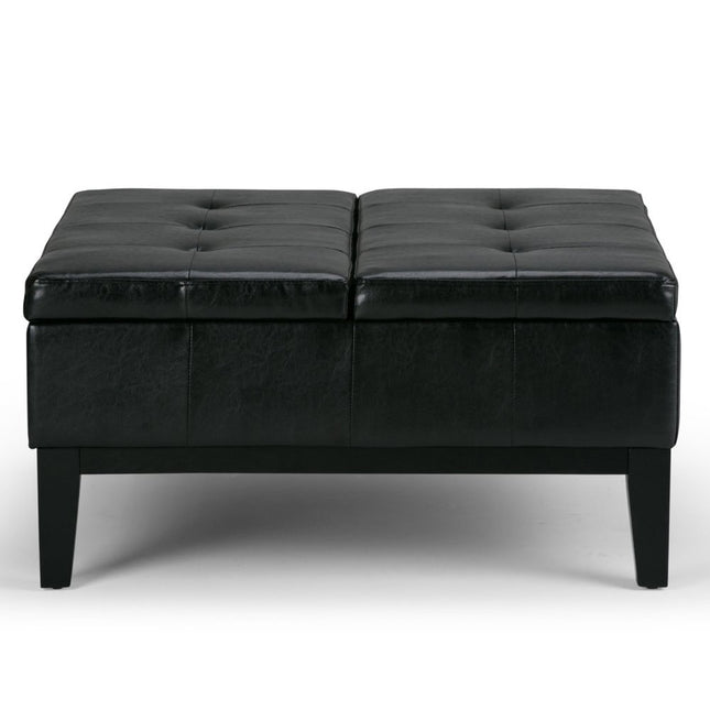 36" Black and Dark Brown Leather Cocktail Ottoman With Storage