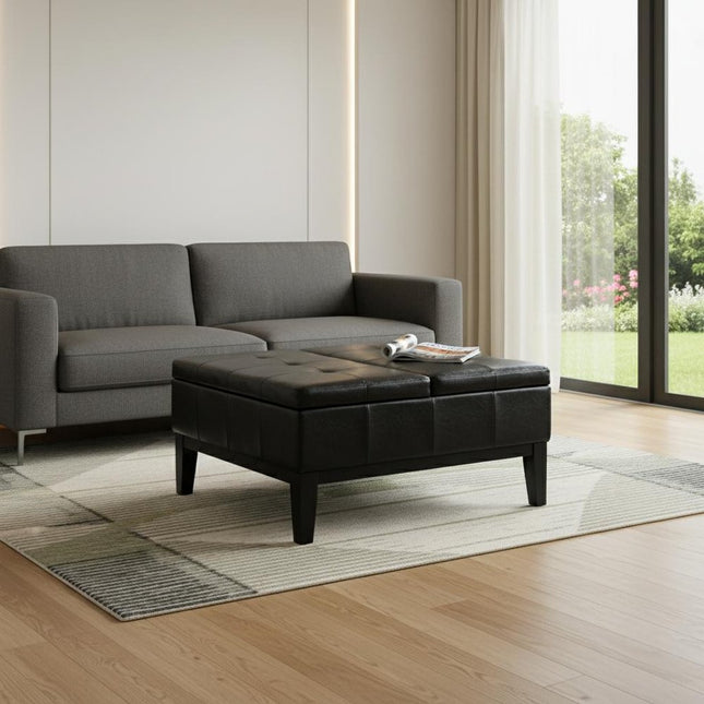 36" Black and Dark Brown Leather Cocktail Ottoman With Storage