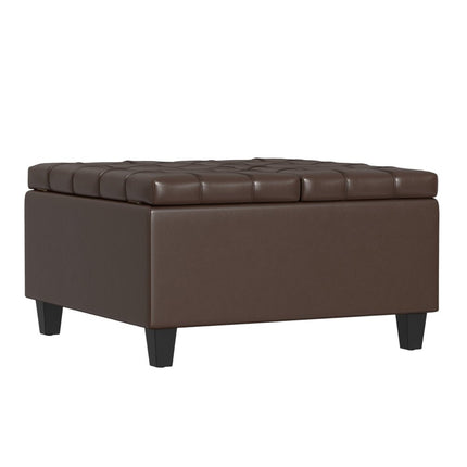 30" Brown and Black Leather Cocktail Ottoman With Storage