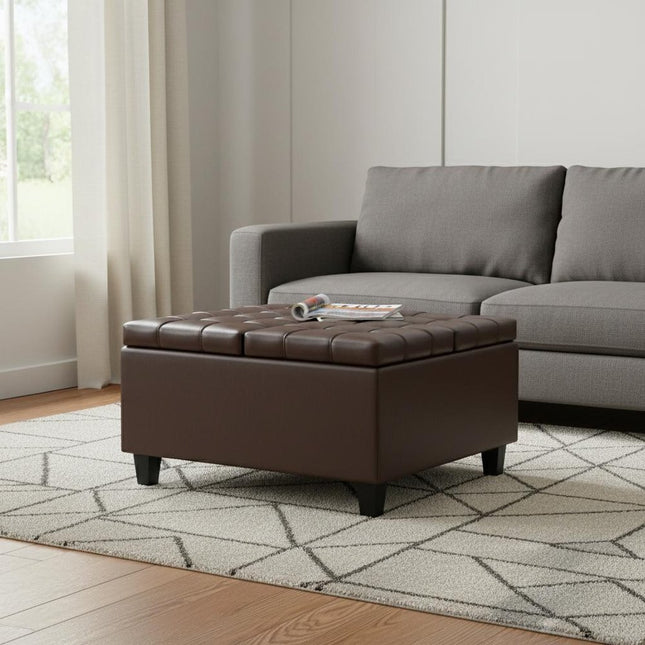 30" Brown and Black Leather Cocktail Ottoman With Storage