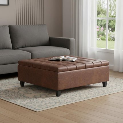 40" Brown Leather Cocktail Ottoman With Storage