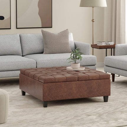40" Brown Leather Cocktail Ottoman With Storage
