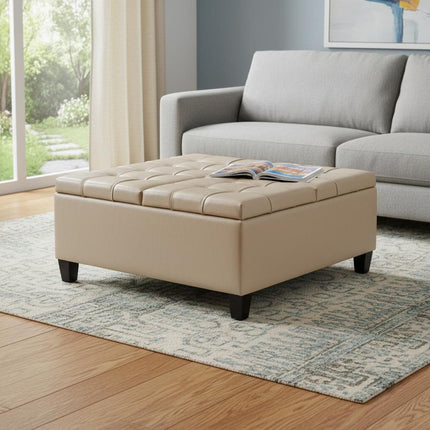 36" Cream and Espresso Leather Cocktail Ottoman With Storage