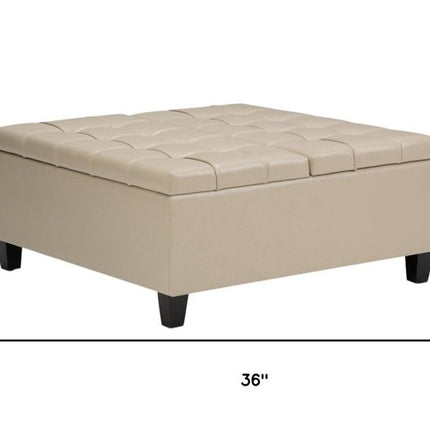 36" Cream and Espresso Leather Cocktail Ottoman With Storage