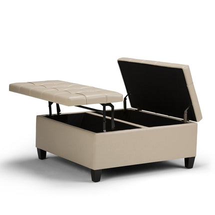 36" Cream and Espresso Leather Cocktail Ottoman With Storage