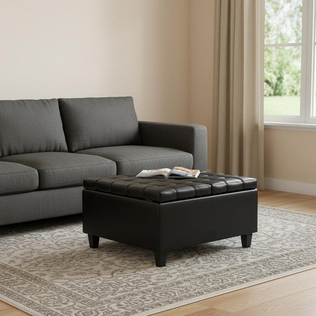 30" Black Leather Cocktail Ottoman With Storage