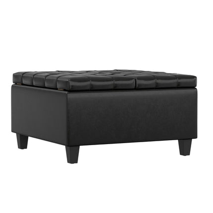 30" Black Leather Cocktail Ottoman With Storage