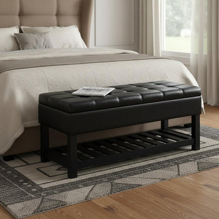 43" Black and Espresso Leather Ottoman With Storage