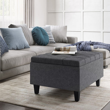 34" Gray and Dark Brown Linen Cocktail Ottoman With Storage