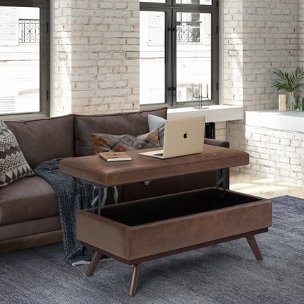 42" Brown Leather Cocktail Ottoman With Storage