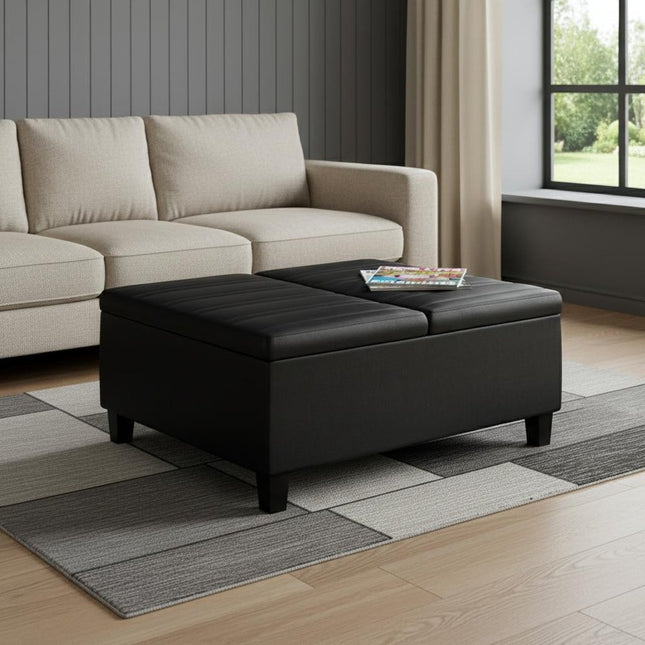 36" Black and Espresso Leather Cocktail Ottoman With Storage