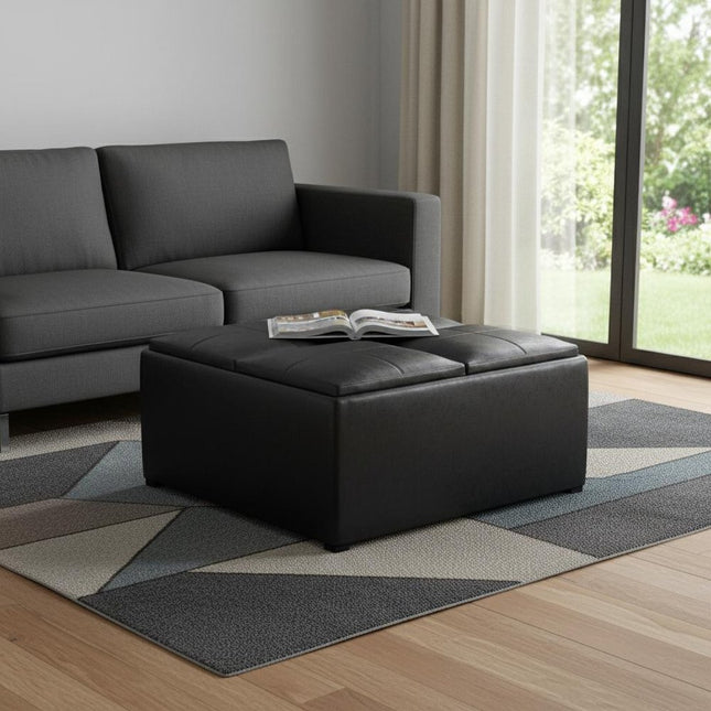 35" Black Leather Cocktail Ottoman With Storage