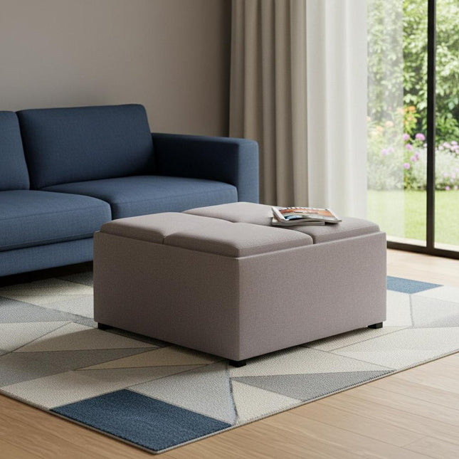 35" Gray and Dark Brown Fabric Cocktail Ottoman With Storage