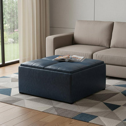 35" Blue and Dark Brown Leather Cocktail Ottoman With Storage