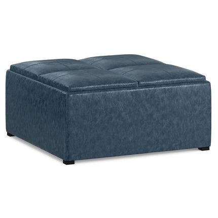 35" Blue and Dark Brown Leather Cocktail Ottoman With Storage