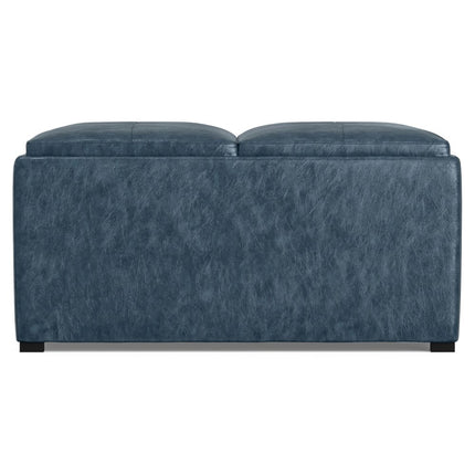 35" Blue and Dark Brown Leather Cocktail Ottoman With Storage