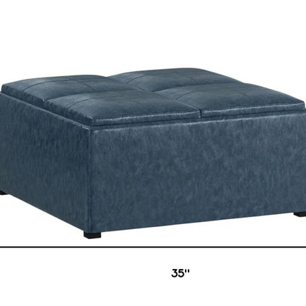 35" Blue and Dark Brown Leather Cocktail Ottoman With Storage