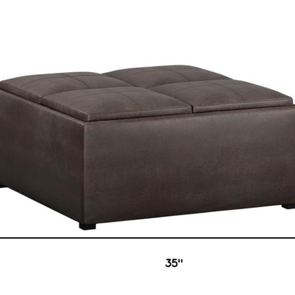 35" Brown and Black Leather Cocktail Ottoman With Storage