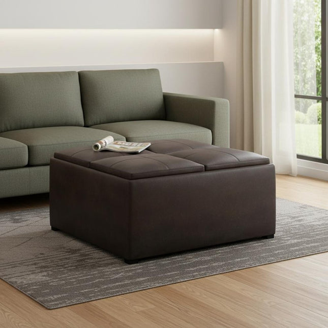 35" Brown and Black Leather Cocktail Ottoman With Storage