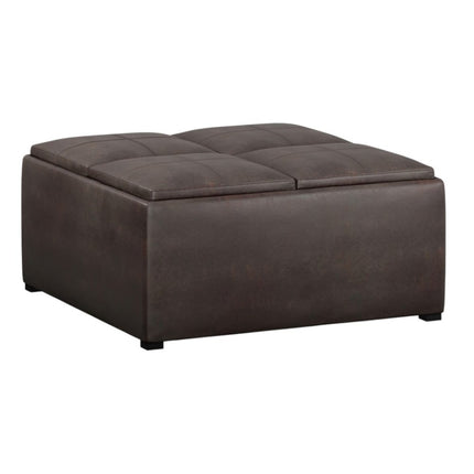 35" Brown and Black Leather Cocktail Ottoman With Storage