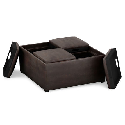 35" Brown and Black Leather Cocktail Ottoman With Storage