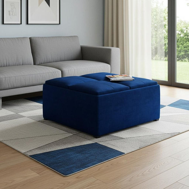35" Blue and Black Velvet Cocktail Ottoman With Storage