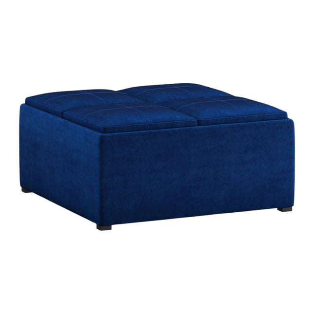 35" Blue and Black Velvet Cocktail Ottoman With Storage